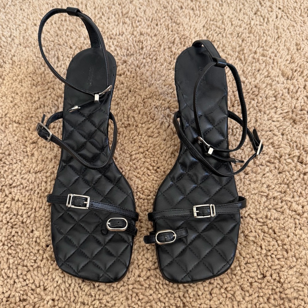 Abra Black Western Buckle Kitten Heeled Sandals